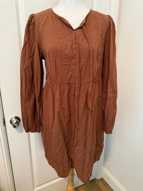 Long Sleeve Tie-Neck Midi Dress in Brown